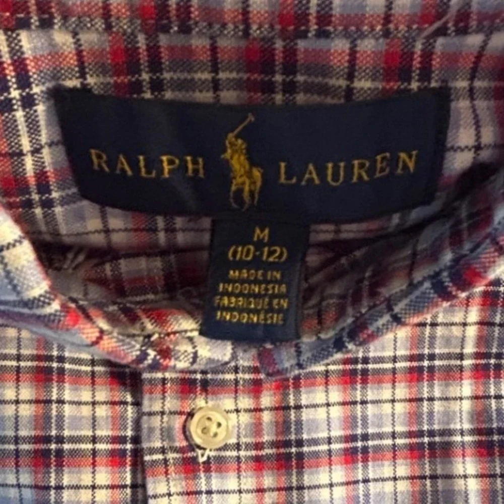 Ralph Lauren Plaid Button Down Shirt Size M 10-12‎ Red Blue White Long Sleeve